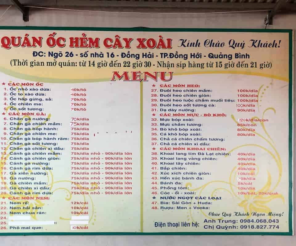 menu ốc cây xoài